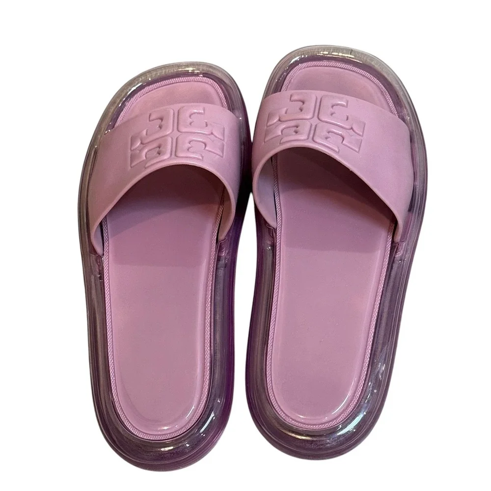 Tory Burch Bubble Jelly Slide Sandals Pink Salt Wide Strap Logo 8B